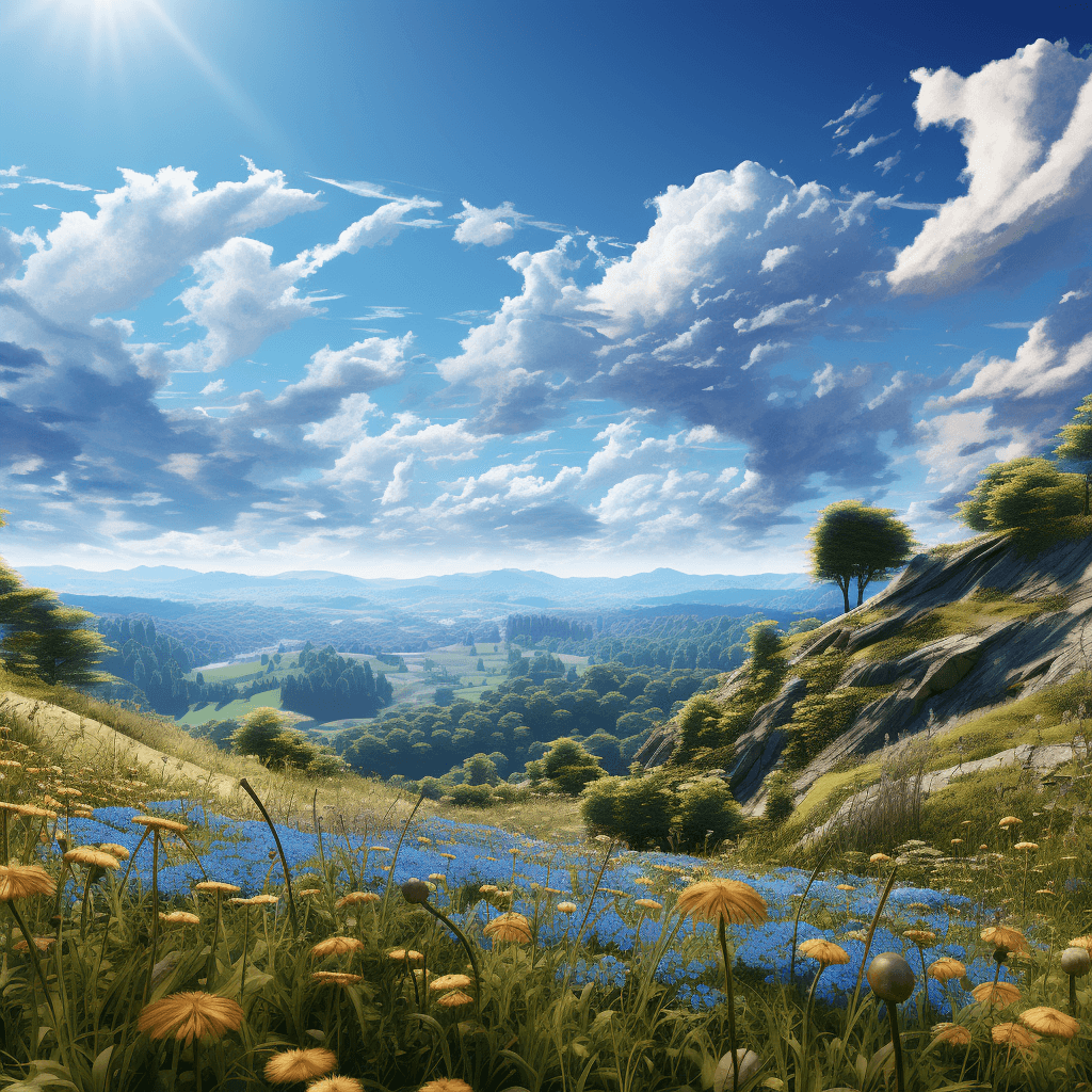 AI generated: Landscape, cloudy blue sky, anime drawing, ultra hd, realistic, vivid colors, highly detailed, UHD d...