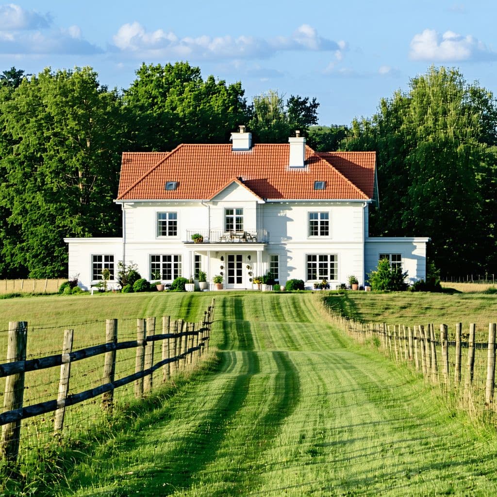 AI generated: Hyper realistic eye level exterior photo of beutiful country side house