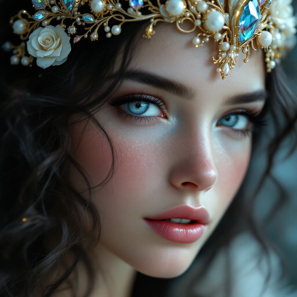 AI generated: A stunning fantasy portrait of an ethereal fairy queen with glowing sapphire-blue eyes, porcelain sk...