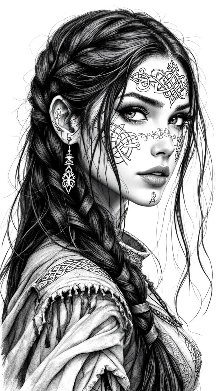AI generated: A black and white drawing of a Celtic warrior woman with long, flowing hair, wearing intricate knotw...