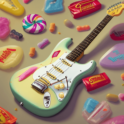 AI generated: A Fender Stratocaster made of candy. Realistic.