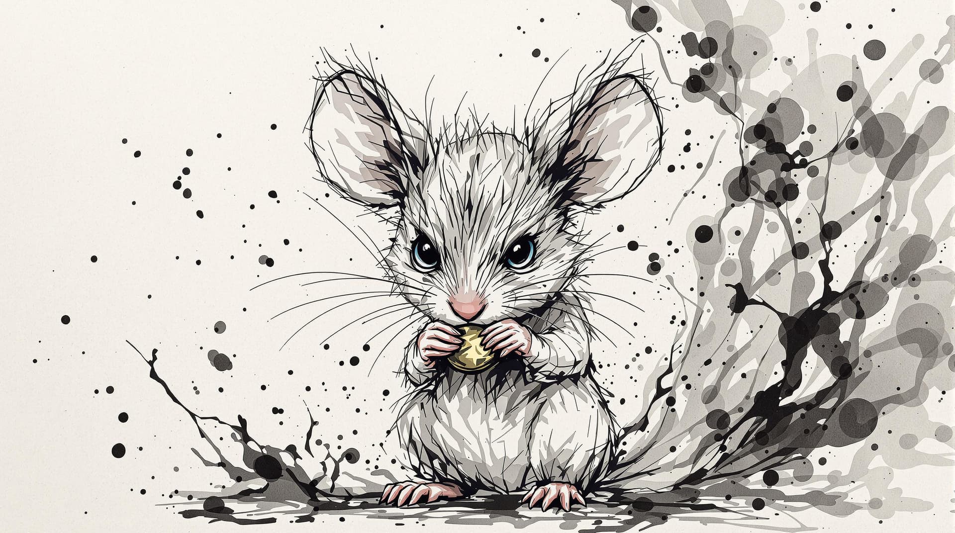 AI generated: cute Mouse with straight face grabing something, detailed,ink style,Ink splash art on the background...