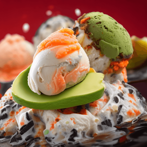 AI generated: crab ice cream sundae with salmon roe nori avocado, 4k food photography, --ar 4:5 --q 2