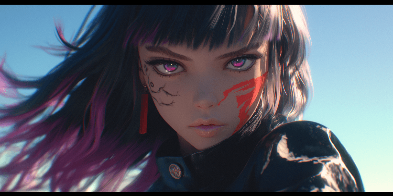 AI generated: Maki from jujutsu no kaisen, colorful realism, intense close-ups, purple, red and black, unreal engi...