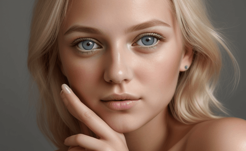 AI generated: close up beauty shot of young blonde woman with wild cropped blonde hair, detailed grey eyes, head t...
