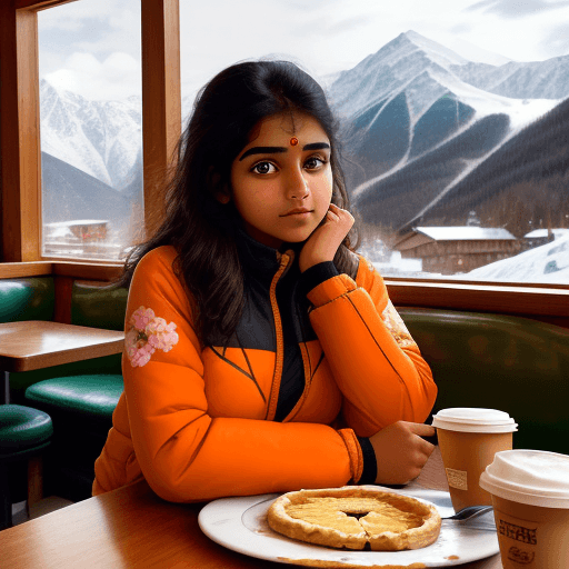 AI generated: A beautiful indian girl in a mountain top diner. A slice of hot pie 🥧 with cream and a coffee on th...