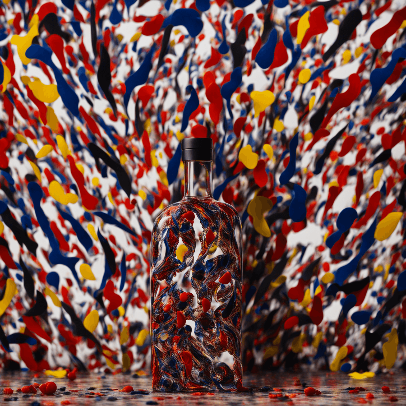 AI generated: absurd abstract designed bottle of vodka, promotional photography in style of Jackson Pollock