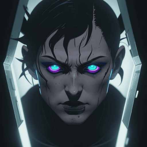 AI generated: frank miller illustration, anime, Arcane, bladerunner, villain frontal facial close up uplit from a ...