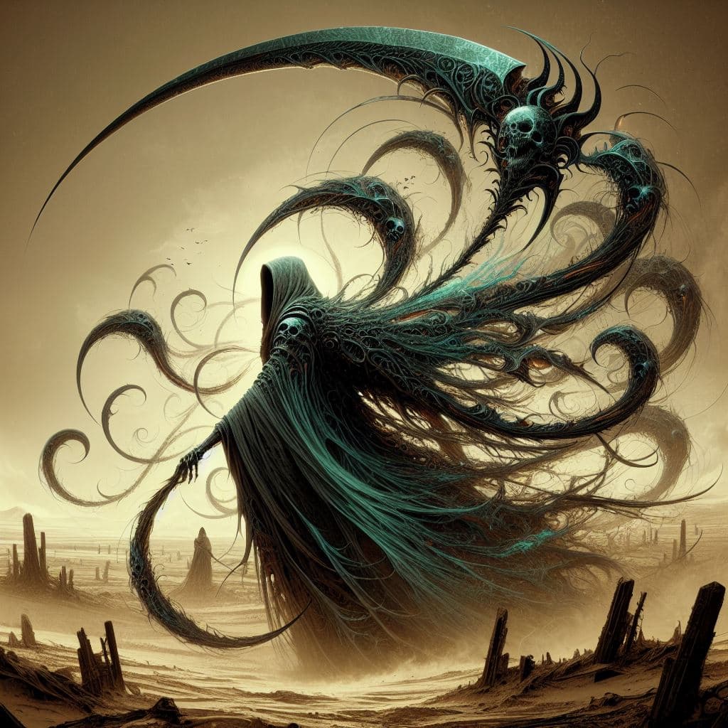 AI generated: Elven necromantic battle-reaper from behind, cape of hundreds hypnotically swirling spectral shadow ...