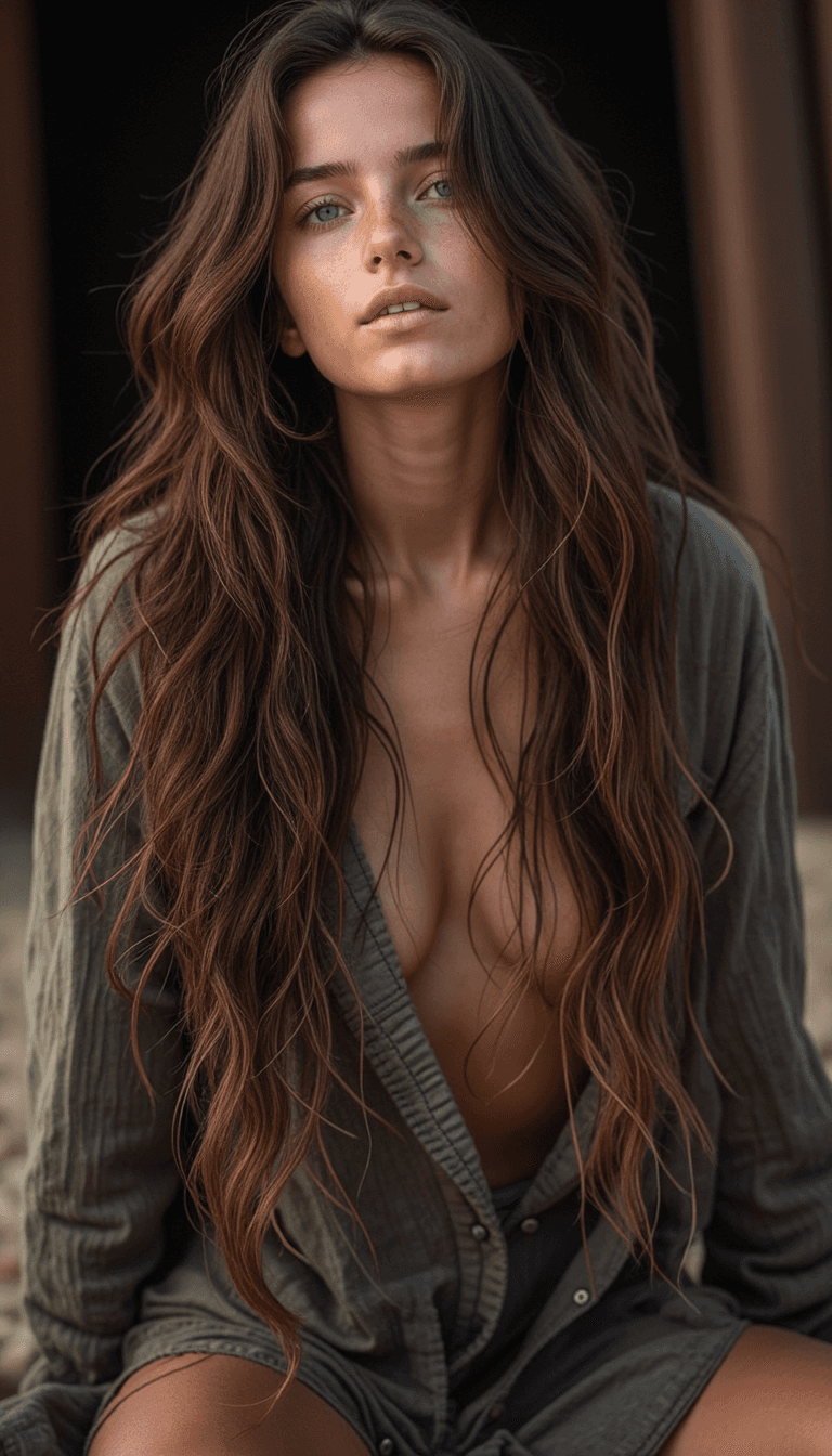 AI generated: A woman seated outdoors, leaning slightly forward with long wavy hair cascading over her shoulders. ...