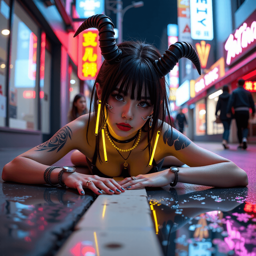 AI generated: Cyberpunk: cyberpunk aesthetic, absurdres, a demon girl with cybernetic piercings and glowing yellow...