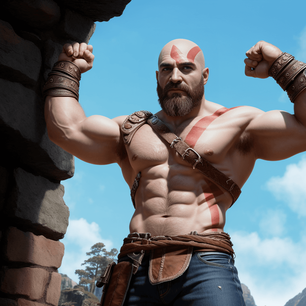 AI generated: Kratos, god of war, jeans, ultra-detailed, real-life texture, dynamic composition, <lora:more_detail...