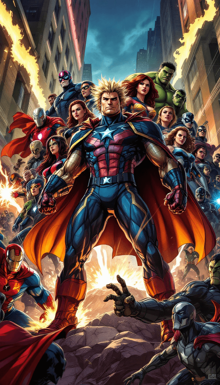 AI generated: Design a dynamic comic scene in Marvel style, featuring a powerful central hero in the middle. The h...