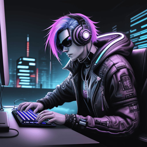 AI generated: Cyberpunk style male, typing on keyboard, wearing headphones, looking towards viewer, active pose, h...