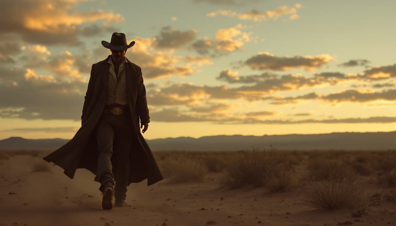 AI generated: Estilo tipo western. Paisaje: desierto al atardecer. Un hombre en plano general, wide shot, camina e...