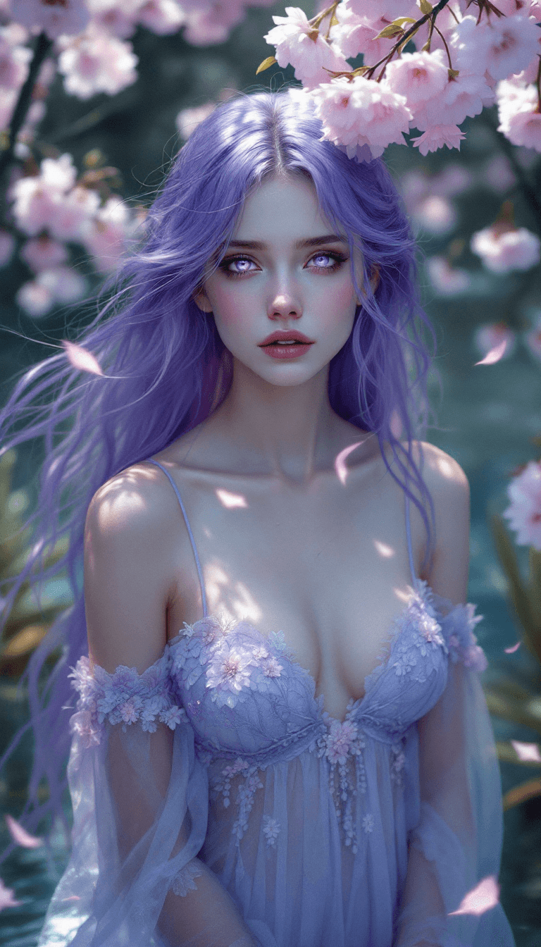 AI generated: A mystical figure with flowing, violet hair, that seems to glow with an ethereal light. Her eyes are...