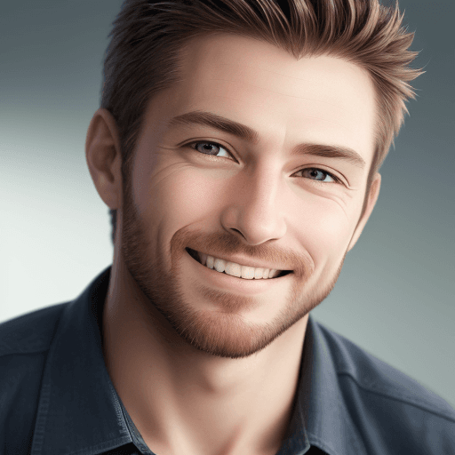 AI generated: hyper realistic headshot photo of a man looking into the camera smiling slightly, calm features, loo...