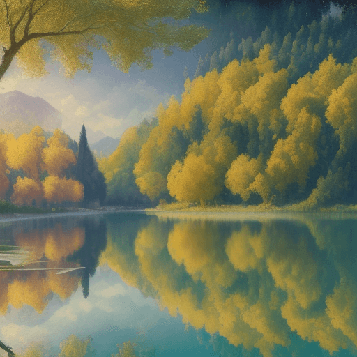 AI generated: Beautiful landscape, lake, yellow, intricate details, 64 megapixels, HDR, meticulous texture by Mich...