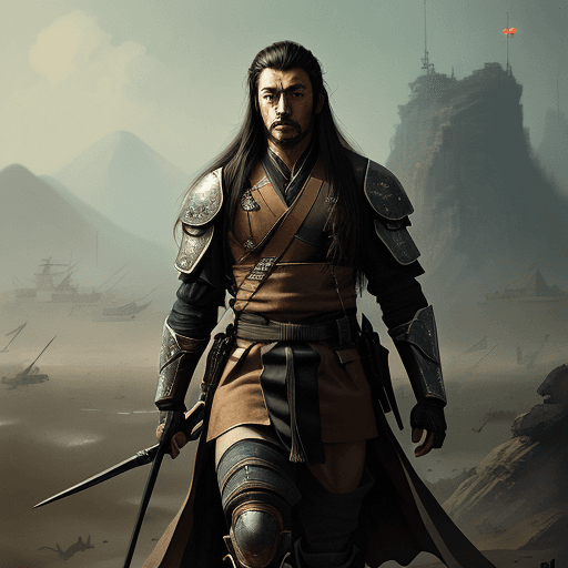 AI generated: a painting of a man, [Ronin] with long hair, battlefield ready, poster by Wu Zuoren, cgsociety conte...