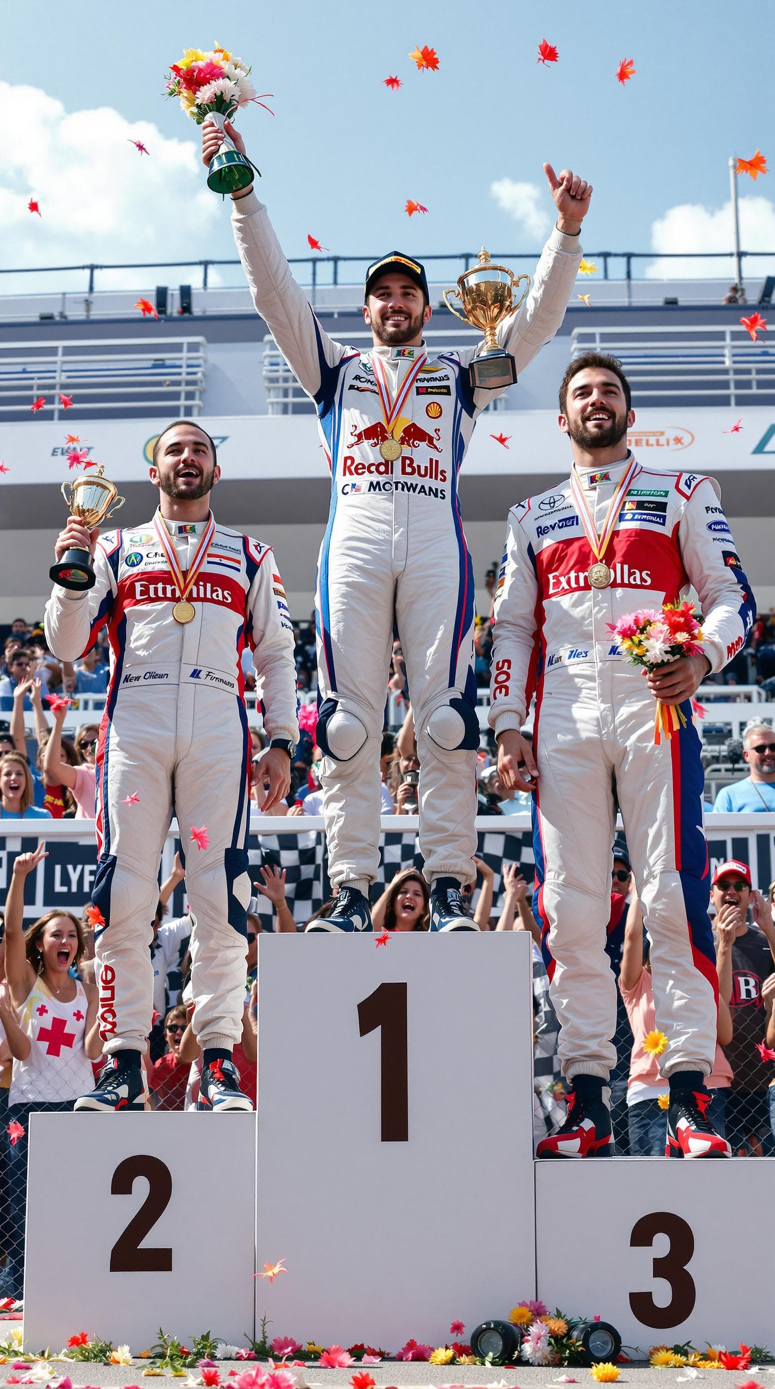 AI generated: Summer. There are 3 racing drivers on the Pedestal, wearing clothes with logos of different clubs. T...