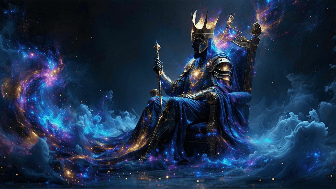 AI generated: “The Emperor’s Celestial Dominion” – A majestic Emperor emerges from swirling cosmic storms, his for...