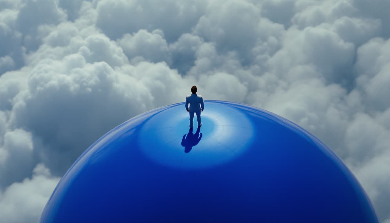 AI generated: Aerial Shot : The man in a white suit stands on the blue sphere, gazing up. Camera: Circles him.