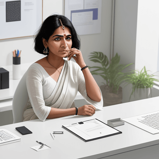 AI generated: Modern, minimalist workspace, focused designer indian woman at a white desk, surrounded by objects o...