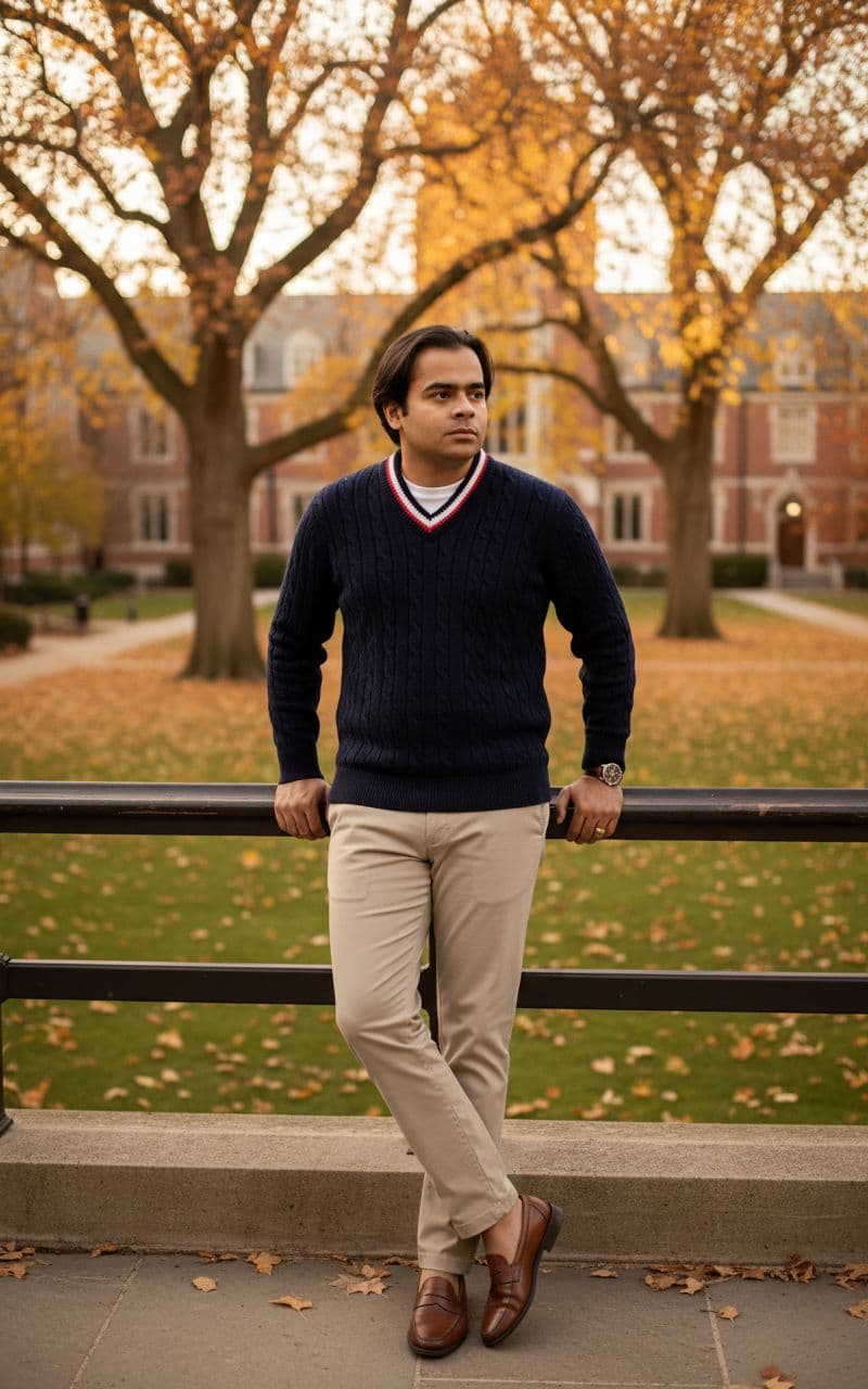 AI generated: Subject: An elegant late-20s man. Clothing: Navy blue cable-knit cricket sweater over a white t-shir...