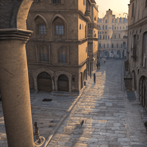 AI generated: Ultra realistic photo of a medieval city. Buildings made of stone, connected by arches. View from th...