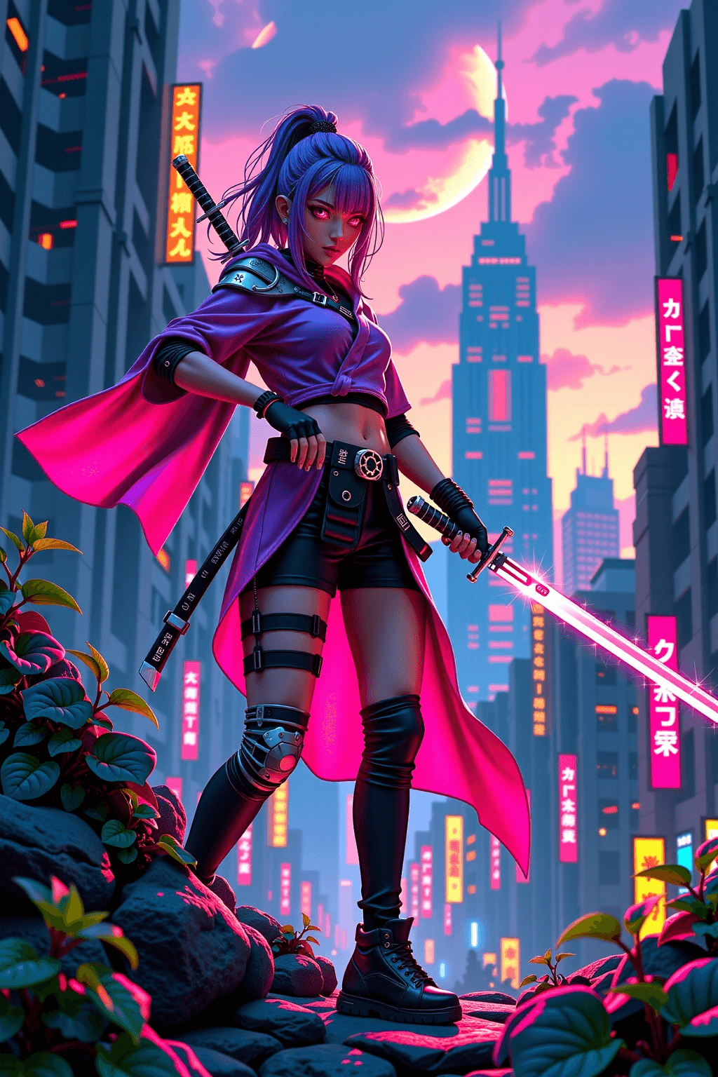 AI generated: A rebellious quantum punk street samurai, cloaked in flowing nanotech fabric that shifts color, wiel...