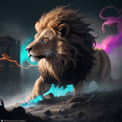 AI generated: Hraised lion made of highly detailed curly swirls, thin glowing smoke of various colors, enraged and...