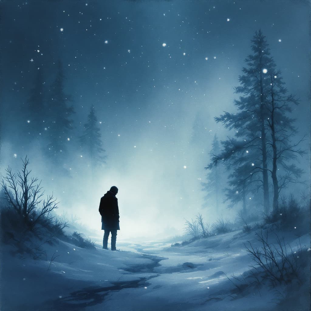 AI generated: an illustration of a frozen winter night, December's biting cold, lone figure (man) standing still i...