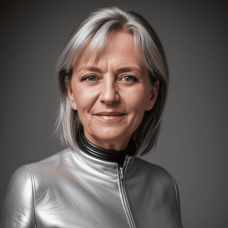 AI generated: hyper realistic headshot photo of a 55 year old german woman, wearing a silver leather suit, looking...