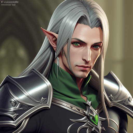 AI generated: Silver Shoulder length haired Elezen, Male, ,muscular, GREEN EYES, Lance, Dragoon, Final Fantasy XIV...