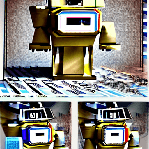 AI generated:  a cute Robot made out of cardboard boxes:: engineering blueprints, infographics, retro illustration...