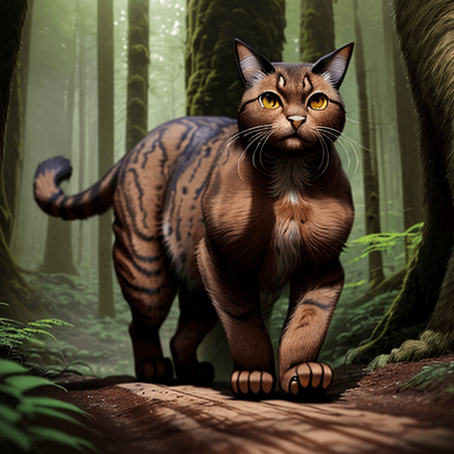 AI generated: frontal view of a nice, wise, giant brown cat walking in a prehistoric forest, looking down, frontal...