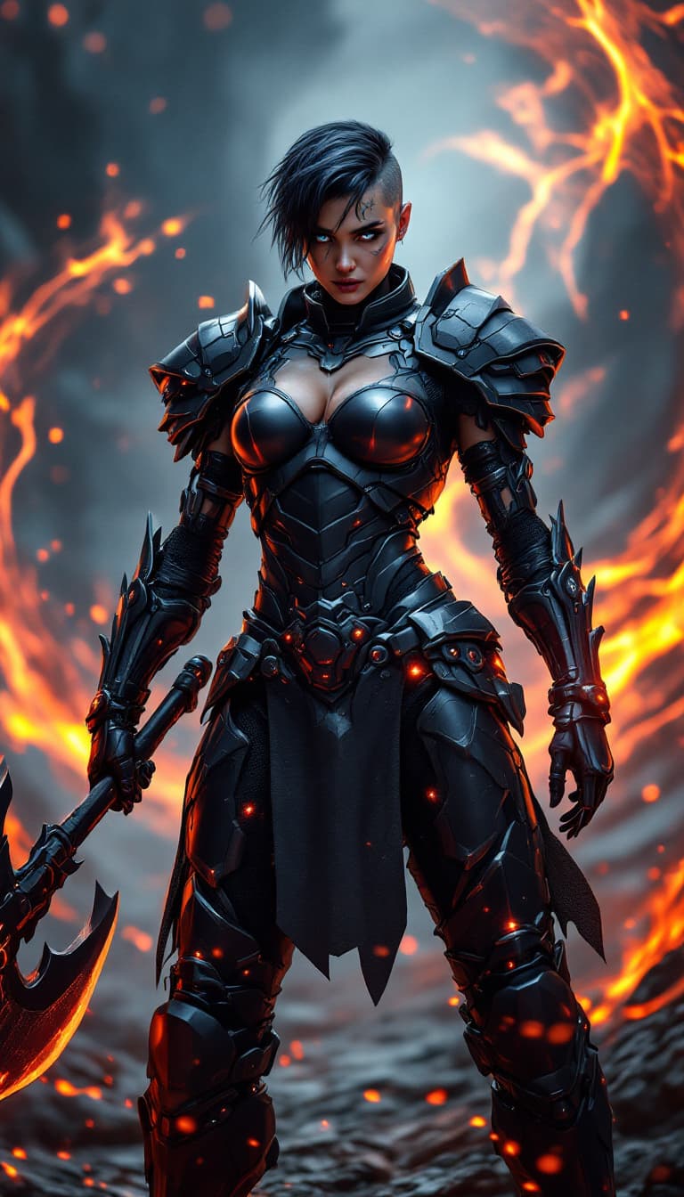 AI generated: An ultra-realistic, full-body action shot of an imposing steel warrior woman, radiating strength and...