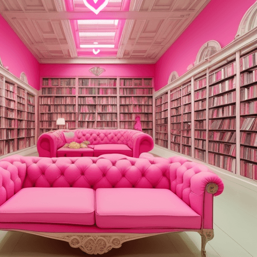 AI generated: bright pink bookstore with bookshelves shaped like hearts with pink heart shaped couches and chairs...