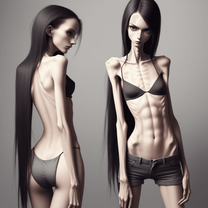 AI generated: extreme beautiful skinny slender (almost anorexic)  girl with skinny slender thighs narrow, without ...