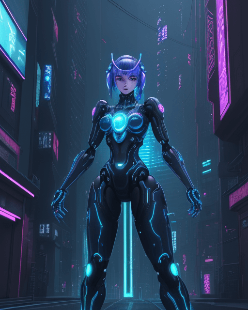 AI generated: A cyberpunk anime illustration of a beautiful robot shewarrior in a futuristic city street, neon lig...