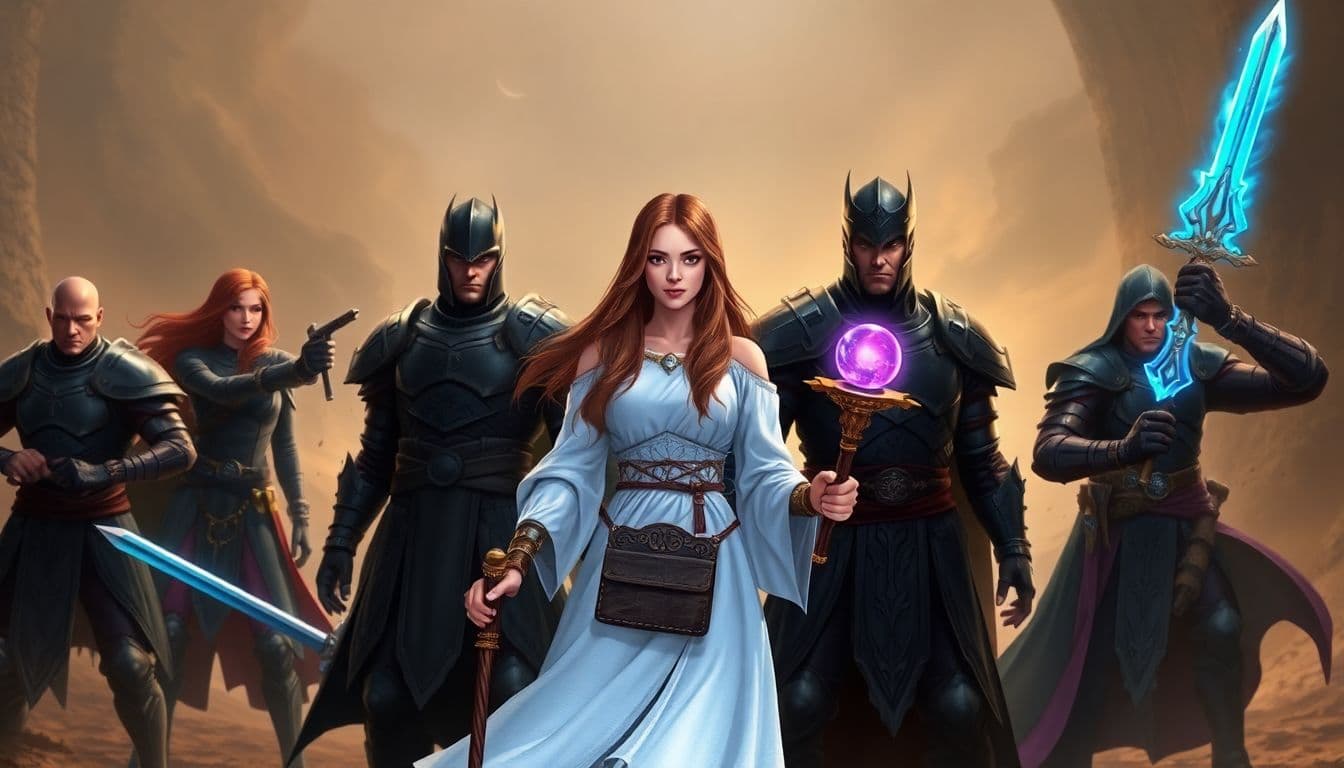 AI generated: A fantasy battle scene with seven characters, including a woman with long brown hair and a white dre...