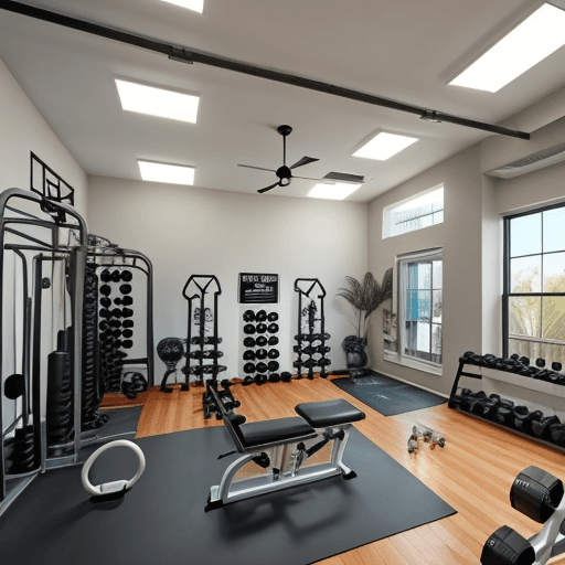 AI generated: indoor home gym inspired by muscle beach