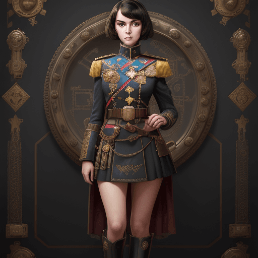 AI generated: full body, Portrait of a girl in officer's ceremonial tunic, short dark hair, dieselpunk, aristocrat...
