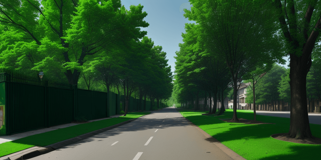 AI generated: street side view with a lot of trees near woods