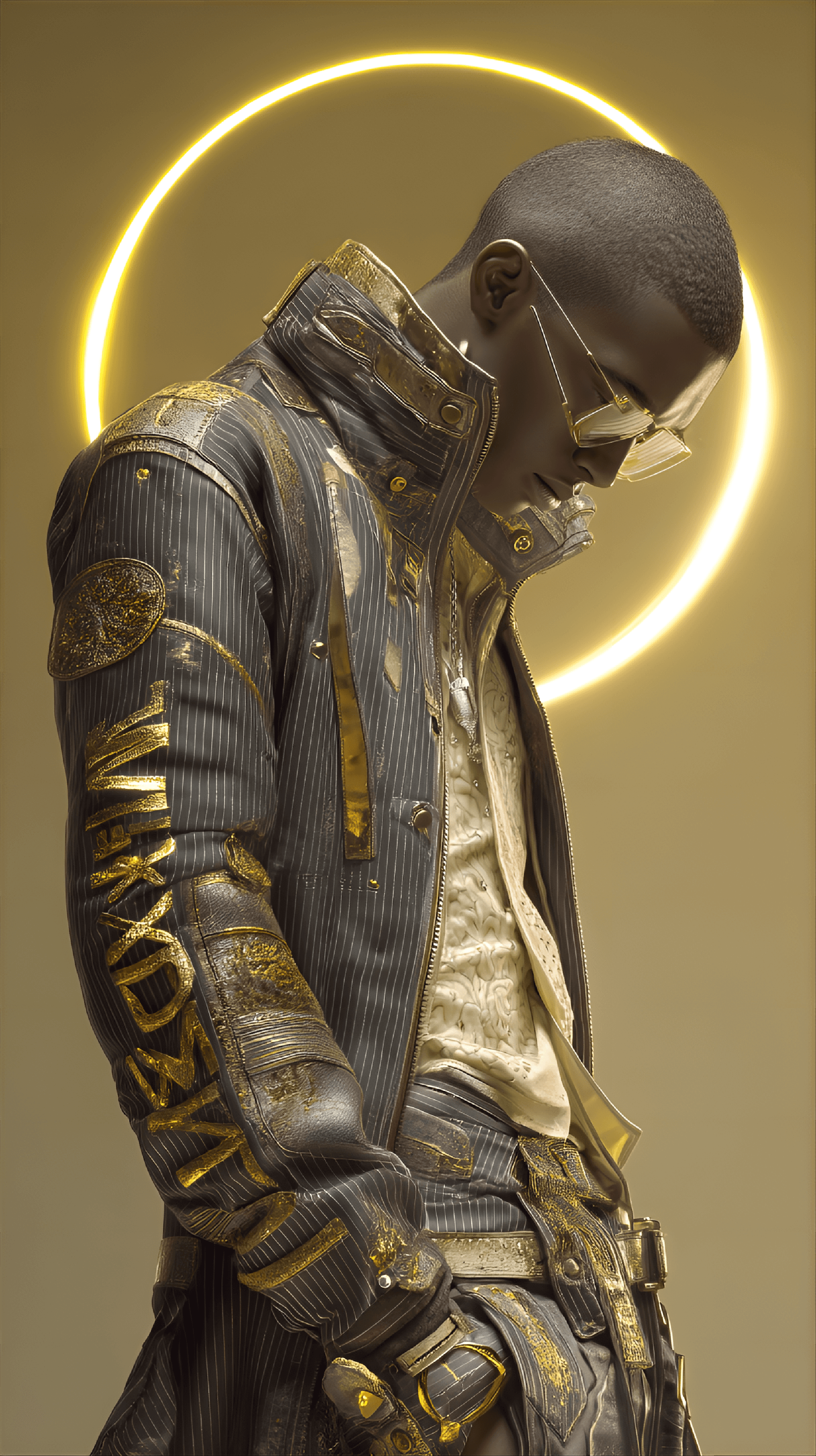 AI generated: Dark-skinned male, mid-20s, wearing a dark gray, futuristic jacket with gold accents and intricate d...