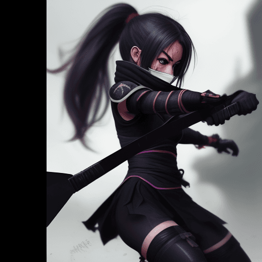 AI generated: ninja, girl, weapon, hair, chracter, t-pose, game art, noisy, blurry, distorted, grainy