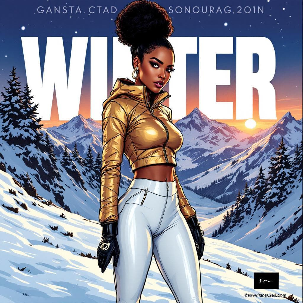 AI generated: Cartoon illustration, comic book cover featuring a gorgeous Afro-American woman, high bun dark hair,...