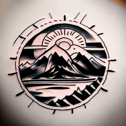 AI generated: Tattoo sketch in a circular outline resembling sun motives, with mountains and a bear, predominately...
