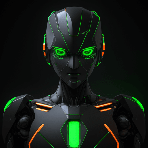AI generated: 3d rendering, robot, front view, upper-body, neon glow with deep orange and green, gaze, glistening ...