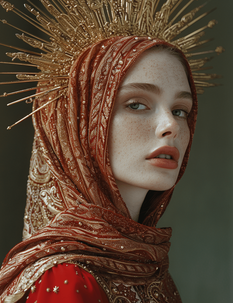 AI generated: lady in red veils her face and has a large golden spiked crown, in the style of celestial fasion, ot...